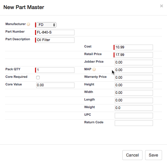 How to add new Parts Master from Purchase Order Screen