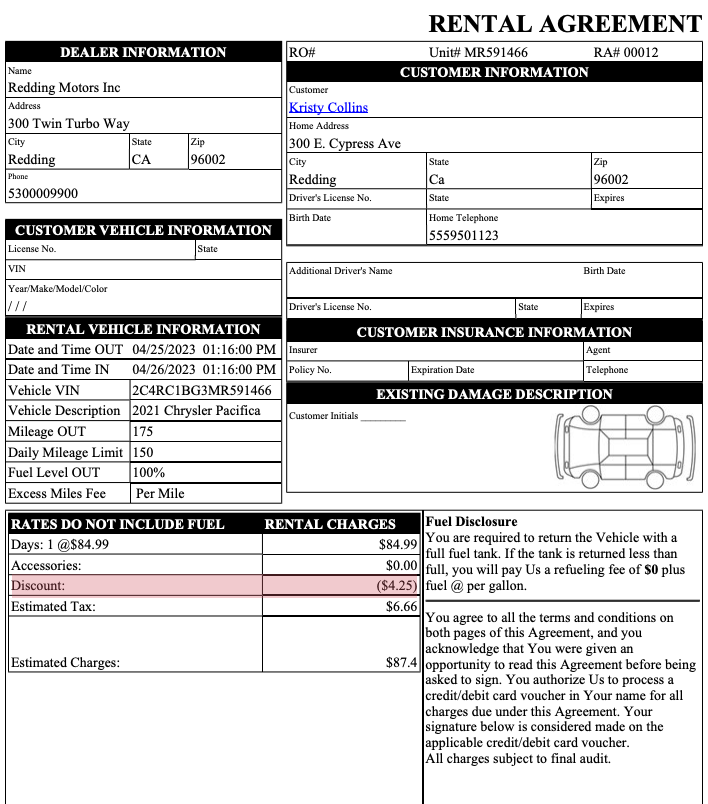 Printed Rental Contracts now Display Discounts