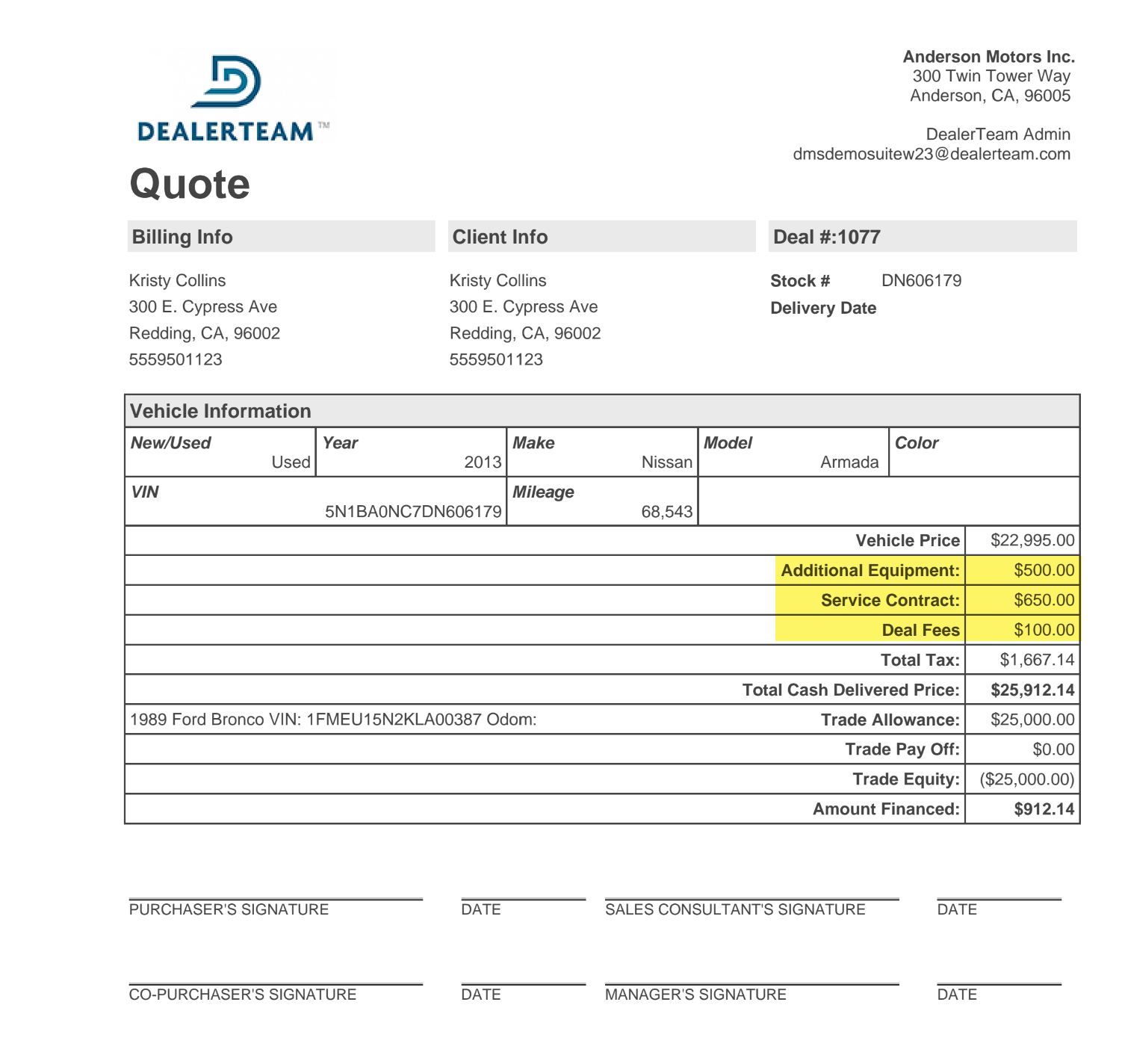 Deal Bill of Sale and Quick Quote