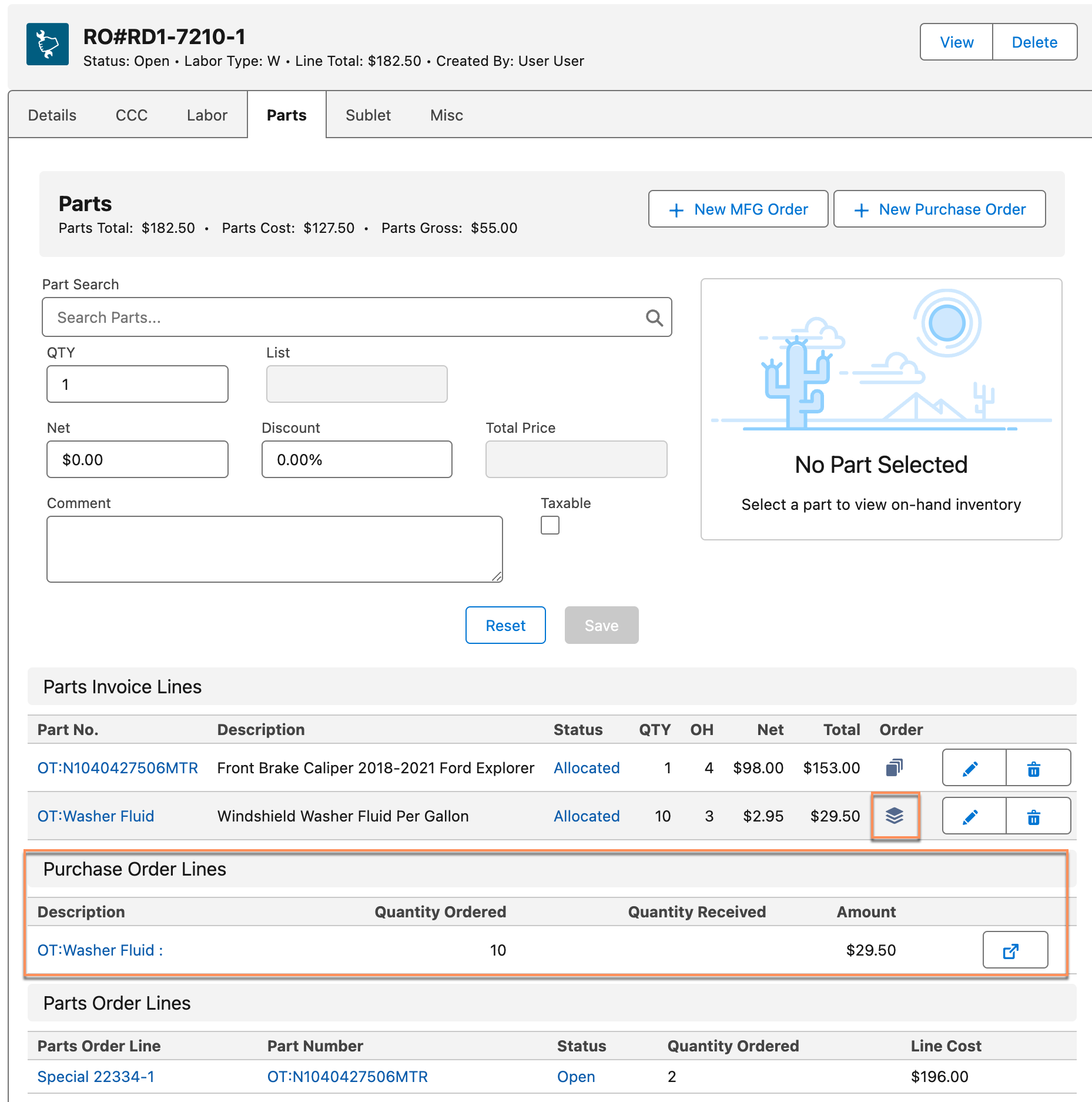 Create a New Purchase Order from a Repair Order
