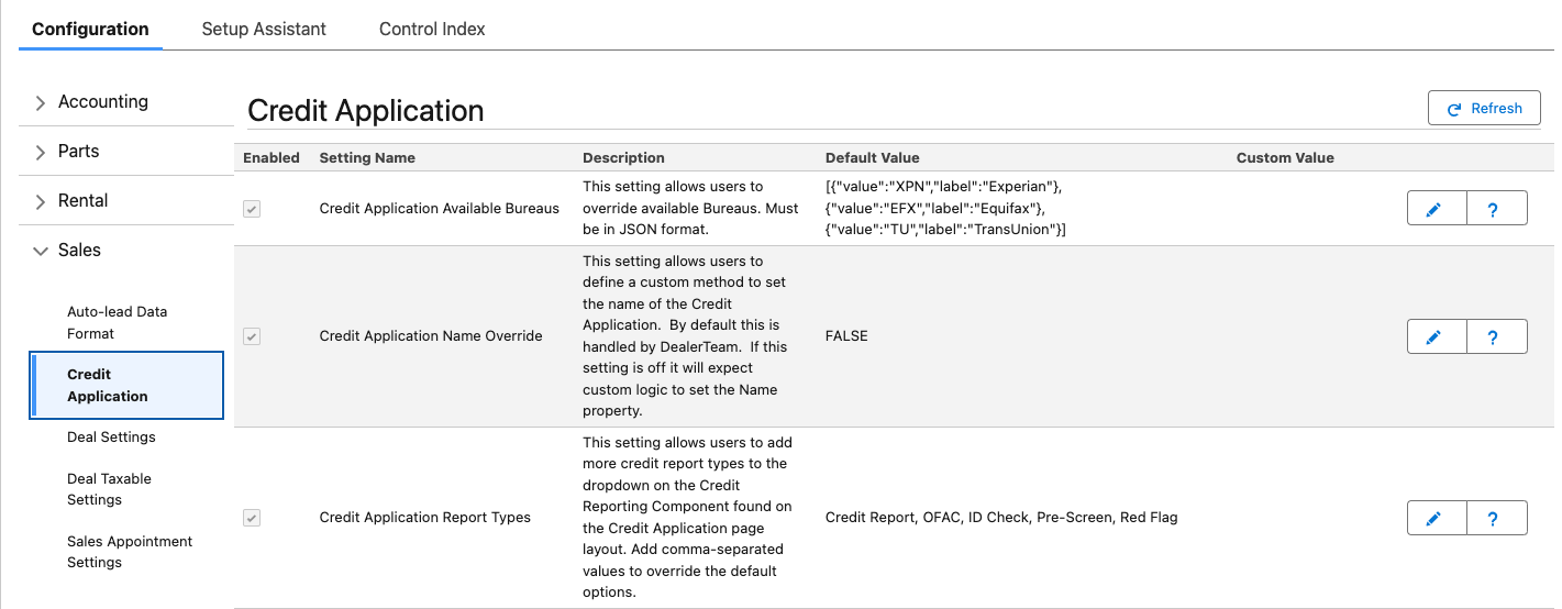 Credit Application Settings