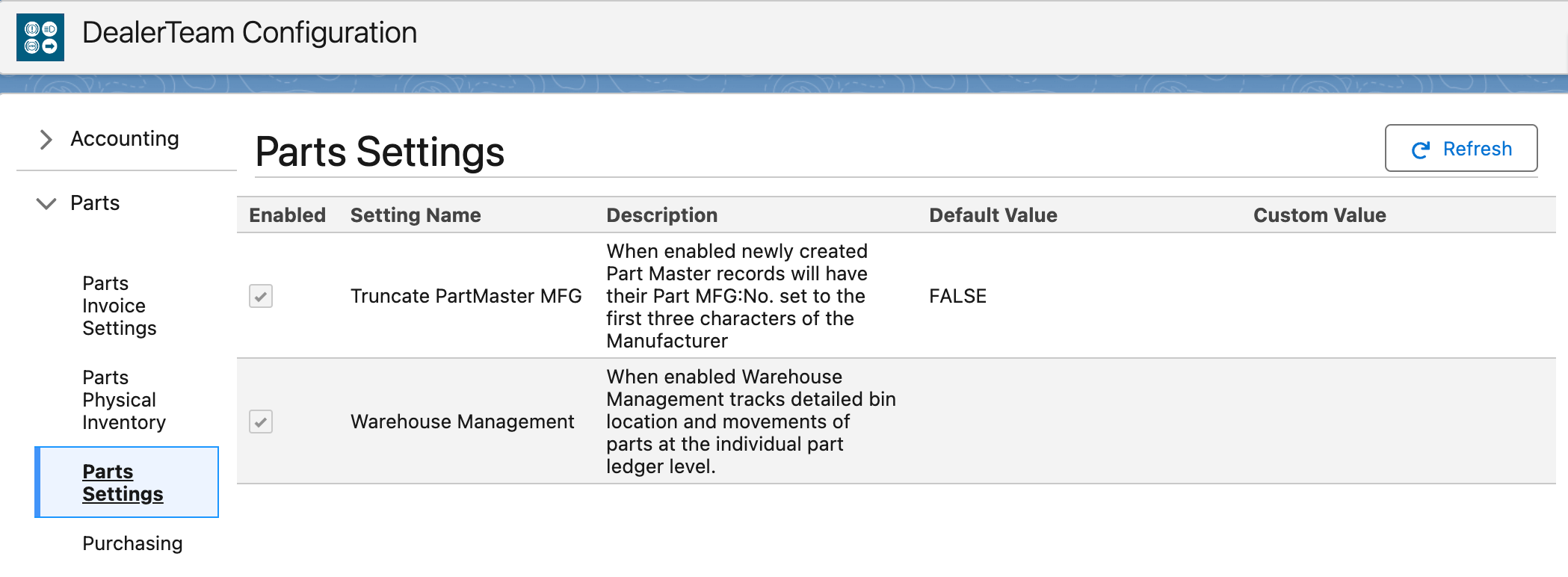 Parts Settings