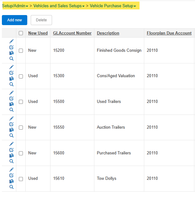 Setup Vehicle Purchase Accounts
