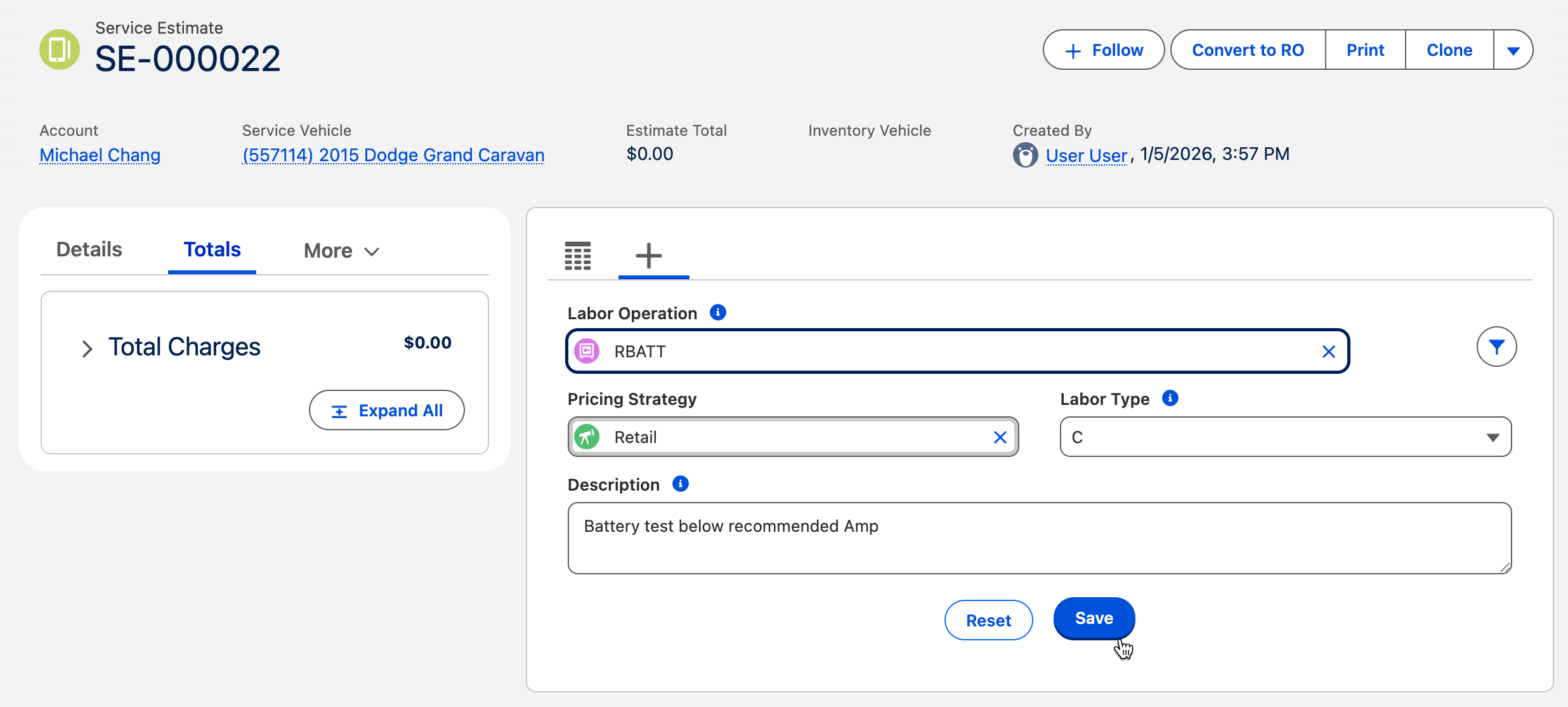 Add Labor Lines to the Service Estimate